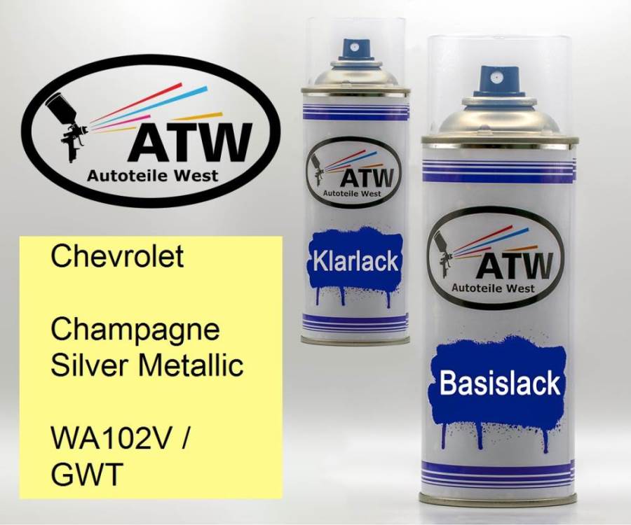 Chevrolet, Champagne Silver Metallic, WA102V / GWT: 400ml Sprühdose + 400ml Klarlack - Set, von ATW Autoteile West.